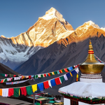 **Image of the Himalayas:** Majestic, snow-capped Himalayan mountain range at sunrise. Focus on Mount Everest peak with prayer flags fluttering in the wind. Include a small Buddhist monastery nestled in the foothills.