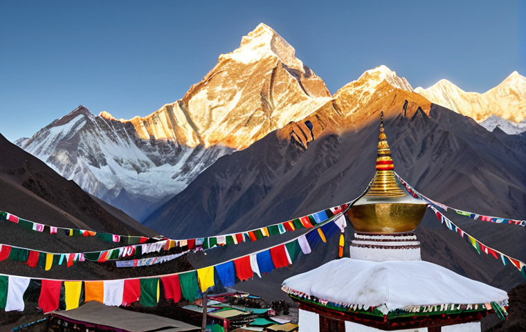 **Image of the Himalayas:** Majestic, snow-capped Himalayan mountain range at sunrise. Focus on Mount Everest peak with prayer flags fluttering in the wind. Include a small Buddhist monastery nestled in the foothills.