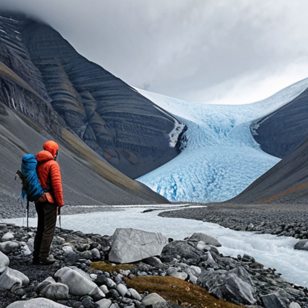 **A dramatic landscape of Kebnekaise mountains, showing a receding glacier. In the foreground, a lone hiker observes the vast change. Emphasize the impact of climate change, with melting ice and exposed rock. Use a color palette of cool blues and grays contrasted with the warm tones of late summer vegetation.**