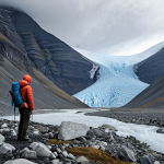**A dramatic landscape of Kebnekaise mountains, showing a receding glacier. In the foreground, a lone hiker observes the vast change. Emphasize the impact of climate change, with melting ice and exposed rock. Use a color palette of cool blues and grays contrasted with the warm tones of late summer vegetation.**