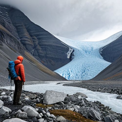 Home 14 **A dramatic landscape of Kebnekaise mountains, showing a receding glacier. In the foreground, a lone hiker observes the vast change. Emphasize the impact of climate change, with melting ice and exposed rock. Use a color palette of cool blues and grays contrasted with the warm tones of late summer vegetation.**