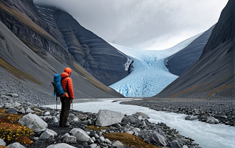 **A dramatic landscape of Kebnekaise mountains, showing a receding glacier. In the foreground, a lone hiker observes the vast change. Emphasize the impact of climate change, with melting ice and exposed rock. Use a color palette of cool blues and grays contrasted with the warm tones of late summer vegetation.**